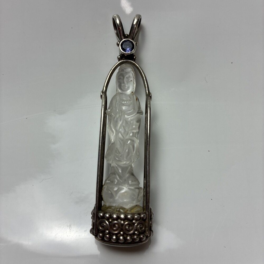 Vintage Sajen Quan Yin 3” Carved Quartz Sterling Filigree Labradorite Necklace